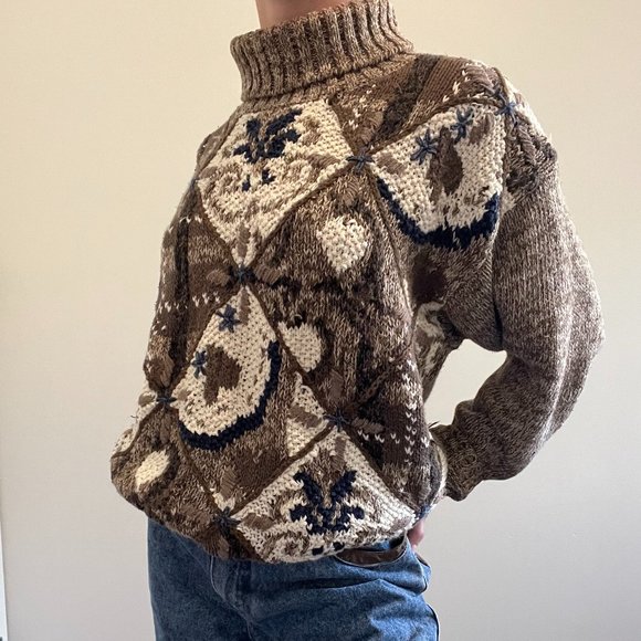 Vintage 90s Turtleneck, 1990s Brown Chunky Knit Sweater - Picture 8 of 9